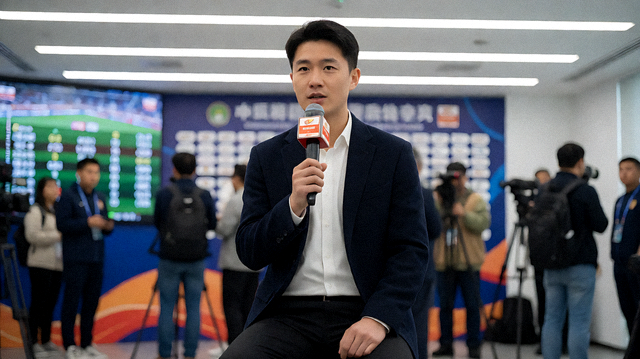 体育新闻发布现场，记者在赛事结束后进行报道