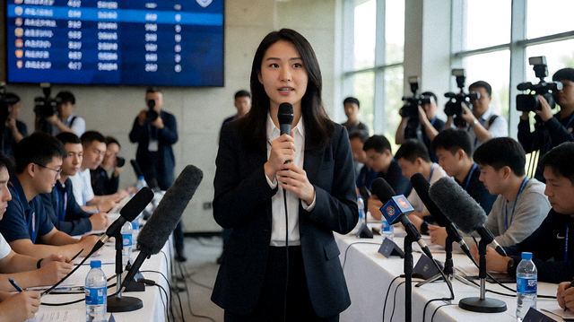 体育新闻发布现场记者采访与赛事报道画面