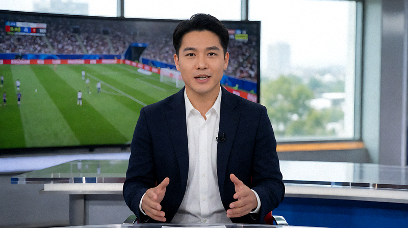 体育新闻演播室内播报赛事资讯的场景