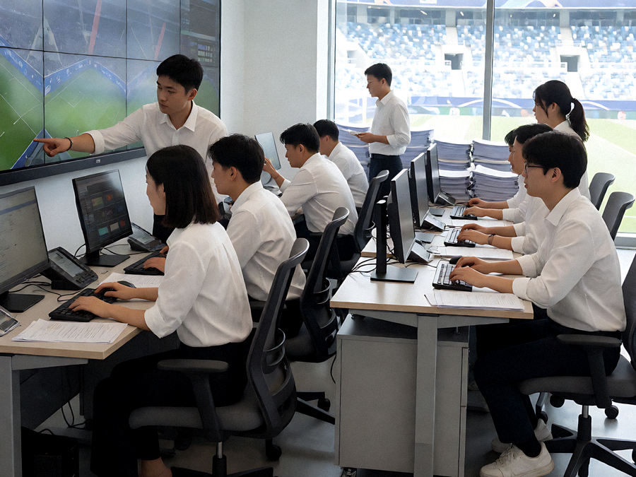 ⽜⼋体育赛事内容团队在体育场进行赛事信息整理的工作场景